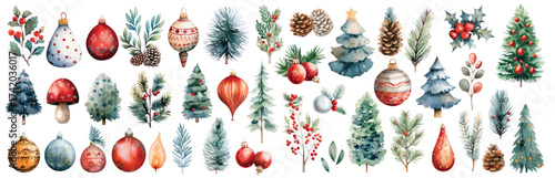 Watercolor Christmas decor elements set with pine trees, branches, cones, toys, gifts hand drawn illustrations for winter holidays celebration cards clip art