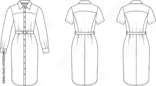 Belted shirt dress technical flat sketch, fashion apparel vector template, button down collar design, long sleeve and short sleeve CAD illustration
