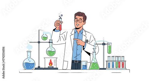 Scientist Conducting Experiment in Laboratory with Green Liquids.