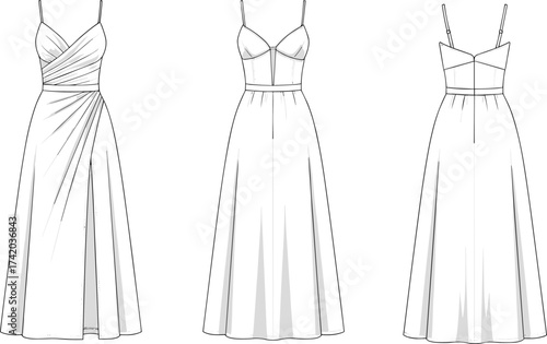 Women’s dress technical flat sketch, fashion apparel vector template, sleeveless wrap bodice design, elegant floor length silhouette, CAD drawing flat vector illustration