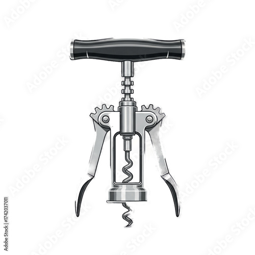 Silver Corkscrew With Black Handle For Opening Wine Bottles.
