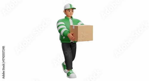 Happy 3D Delivery Man Courier Walking With Cardboard Box Package Express Shipping Service Logistics and Ectomy Delivery Concept