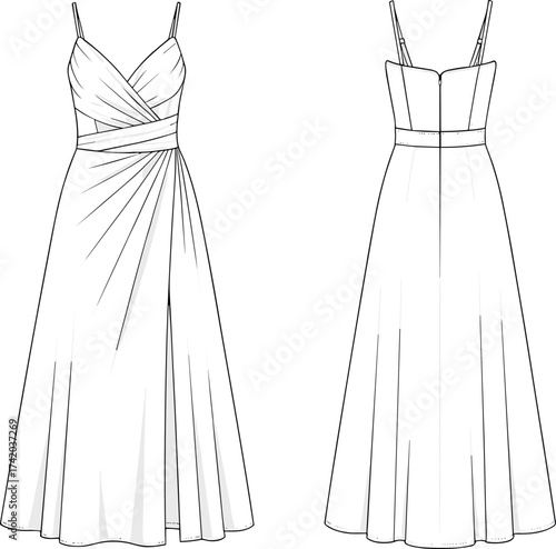 Women’s dress technical flat sketch, fashion apparel vector template, spaghetti strap sweetheart neckline, elegant A‑line silhouette, CAD drawing flat vector illustration