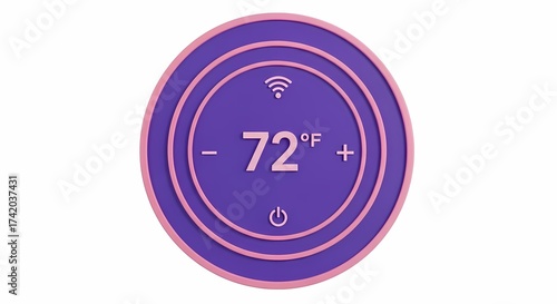 Modern Smart Thermostat in Purple Showing 72 Degrees Fahrenheit WiFi Symbol and Power Button High Tech Home Comfort Control