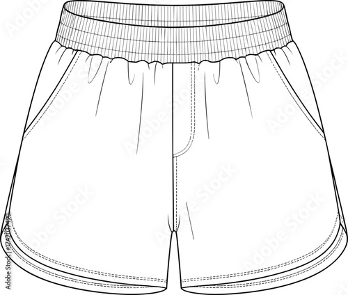 Athletic shorts technical flat sketch, fashion apparel vector template, elastic waistband design, casual activewear garment drawing, CAD clothing flat vector illustration