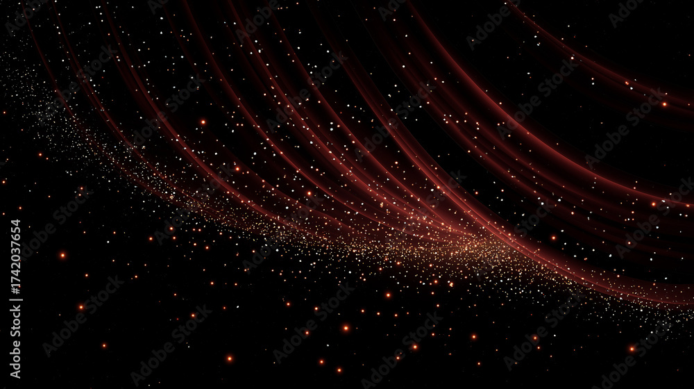 Naklejka premium Cosmic Dust Trails: An ethereal scene unfolds as trails of radiant particles cascade across a dark, boundless expanse, evoking a sense of wonder and infinite possibilities.