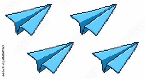 Four Blue Pixel Art Paper Airplanes Flying Together