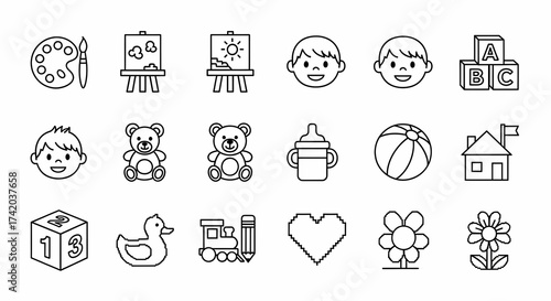 Children s Icons Set Baby Toys Art Supplies Education and Childhood Fun Vector Graphics for Design Projects