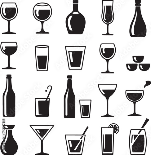 Collection of assorted alcoholic and non alcoholic drinkware and bottles