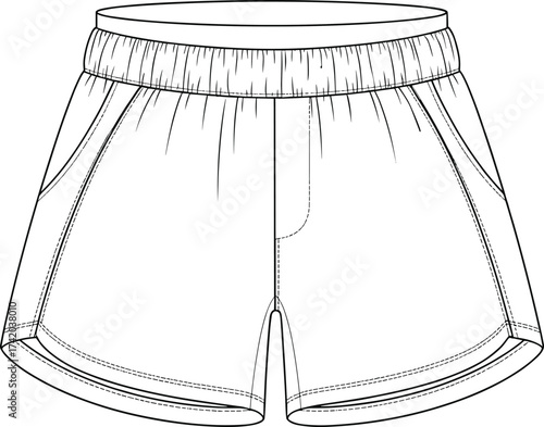 Athletic shorts technical flat sketch, fashion apparel vector template, elastic waistband sports shorts, casual activewear design, CAD drawing flat vector illustration