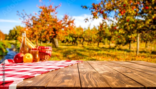 Wooden picnic table with red checkered cloth, apples, juice bottles, and basket; autumn orchard background