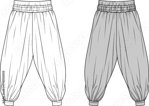Jogger pants technical flat sketch, fashion apparel vector template, elastic waistband trousers, casual sportswear design, garment CAD drawing flat vector illustration