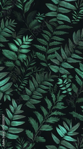 Wallpaper Mural Textured illustration showcases detailed botanical elements featuring various types of leaves and foliage with a combination of dark emerald green colors and a dark background, providing a seamless... Torontodigital.ca