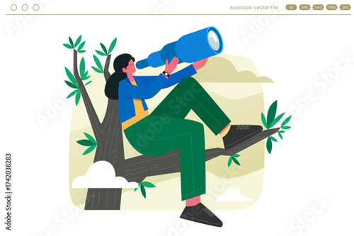 Woman with telescope in tree