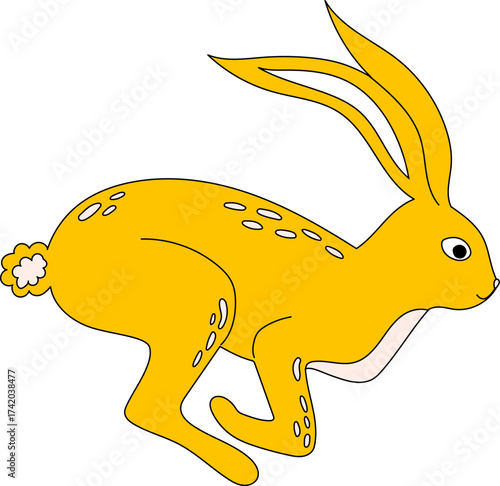 Yellow rabbit with long ears running on white background