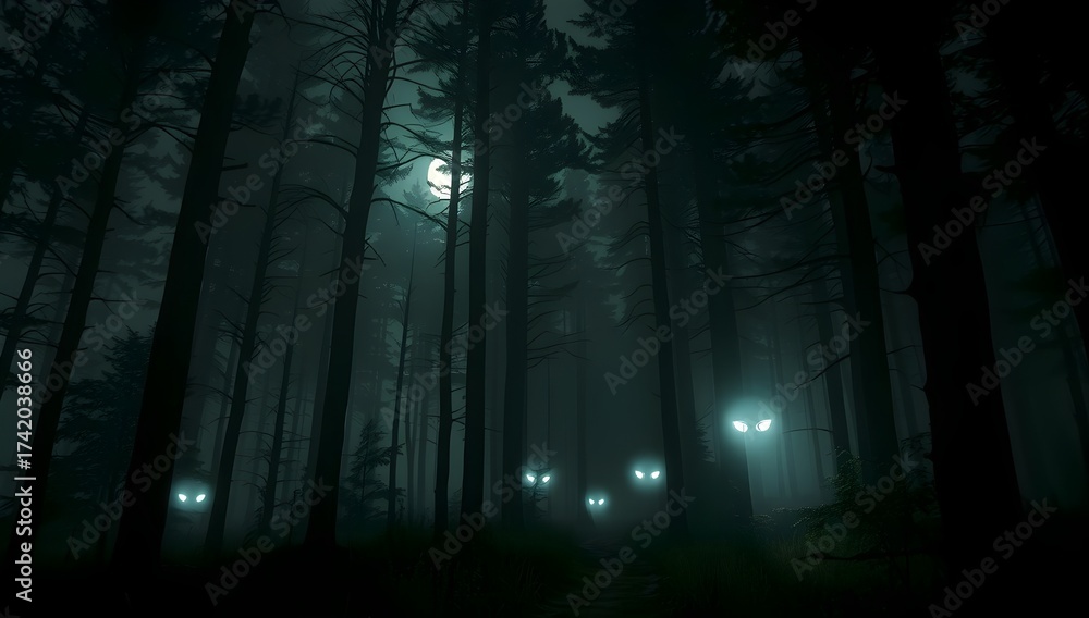 Obraz premium Haunted Dark Forest at Night with Mysterious Glowing Red Eyes Hidden in the Trees and Fog