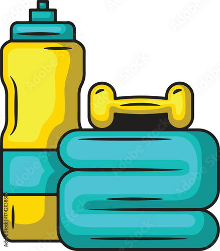 Yellow water bottle dumbbell and blue towel