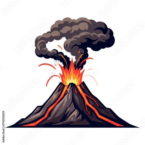 Volcano erupting with lava and smoke.