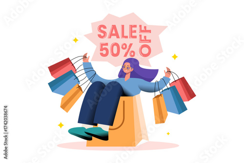 Woman with shopping bags and sale sign