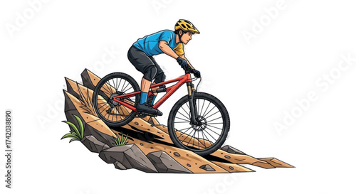 Woman riding a mountain bike downhill on a rocky trail.