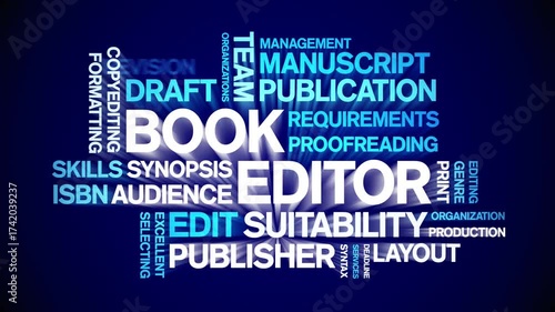 Book Editor animated word cloud-text design animation tag kinetic typography seamless loop.