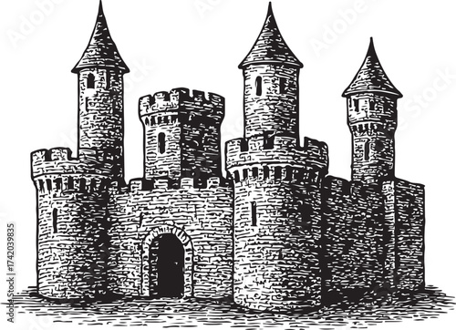 Vintage Black and White Vector Illustration of a Medieval Castle with Towers and Battlements in Engraved Line Art Style