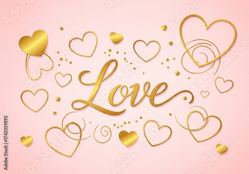 Elegant Gold Calligraphy 'Love' with Hearts on a Pink Background