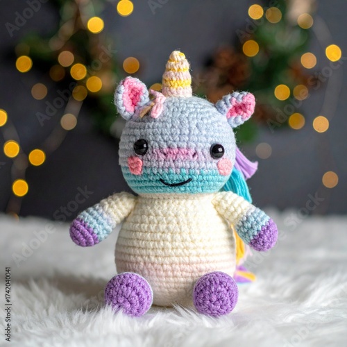 Wallpaper Mural Cute handmade crochet monster unicorn toy, colorful yarn, whimsical design, studio or lifestyle setting. Christmas style Torontodigital.ca