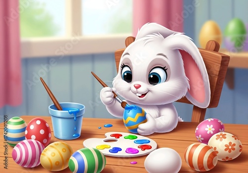 Cute Cartoon Easter Bunny Painting Eggs with a Brush and Palette