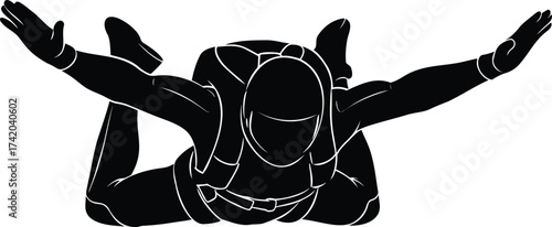 Skydiver in stable freefall position, front view extreme sports silhouette vector illustration