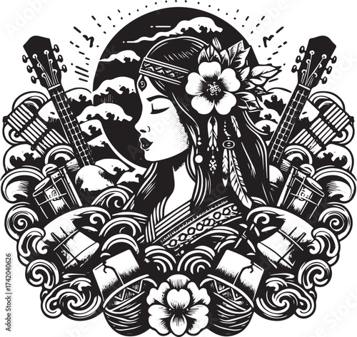 Intricate black and white illustration of a bohemian woman with guitars and floral elements