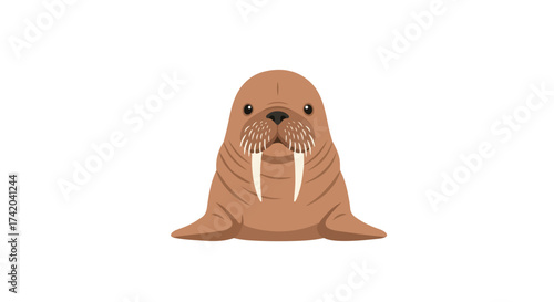Cartoon Walrus Portrait with Prominent Tusks and Expressive Eyes on Plain Background for Animation and Illustration projects