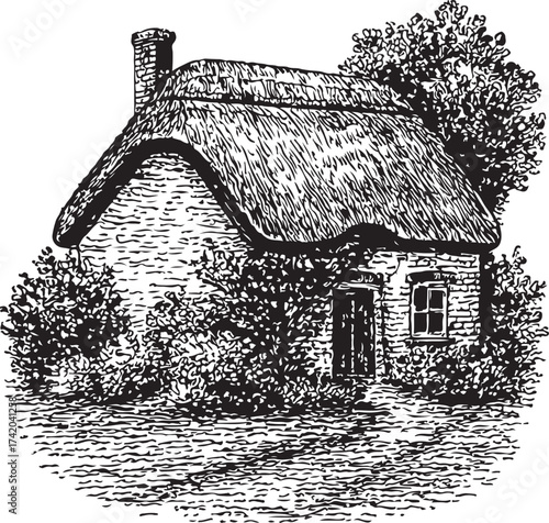 Vintage Black and White Vector Illustration of a Thatched-Roof Cottage with Garden in Engraved Line Art Style