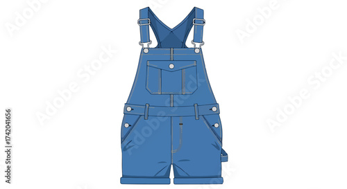 Illustration of denim overalls featuring a classic bib design and comfortable rolled-up shorts, presented against a clean, white background