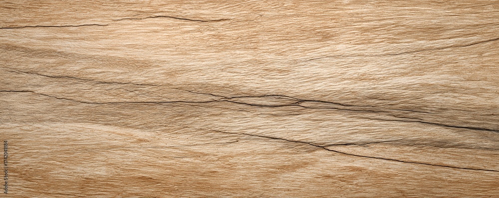 Fototapeta premium Detailed close-up of aged oak wood texture with natural cracks and grain patterns, showing wear. Concept for furniture design, interior decoration and rustic backgrounds