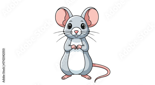 Adorable cartoon mouse with large ears stands upright on a white background in a charming illustration