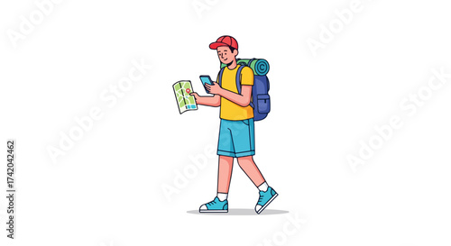 Cartoon Hiker Using Map and Smartphone for Navigation on an Outdoor Adventure Trip Illustration