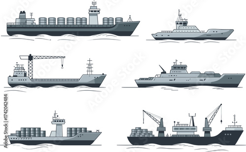 Cargo and naval ship illustration, stylized vessel designs, container ship, military frigate, crane-equipped freighter, ocean transport, maritime fleet, black silhouette, nautical graphic