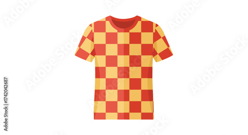 Vibrant checkerboard tee displaying symmetrical alternation of warm colors on white backdrop provides lively visual appeal for diverse applications