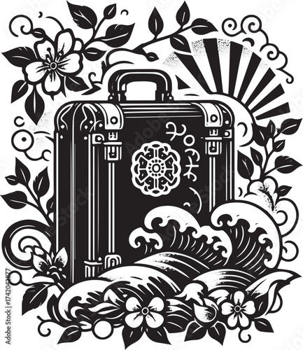 Vintage Suitcase Illustration with Floral and Wave Elements for Travel and Adventure
