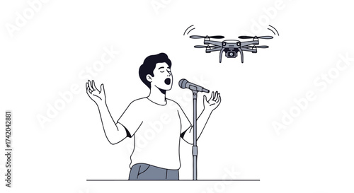 Captivating Vocal Performance Under Aerial Surveillance Illustration Showcasing Modern Day Artistic Expression and Technological Intrusion