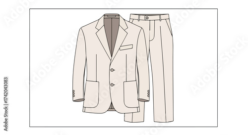 Crisp tailored suit schematic displaying classic elegance and bespoke fashion design sketch for garment development and presentation