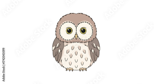 Charming owl illustration featuring a cute bird with expressive eyes and detailed feathers looking straight ahead