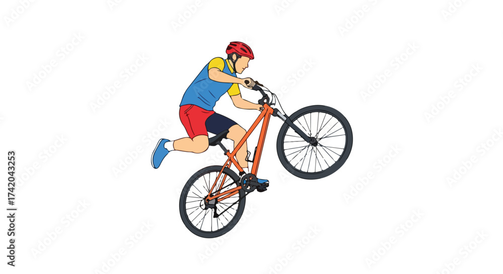 Fototapeta premium Dynamic Illustration of a Mountain Biker Performing a Wheelie on a Trail, Emphasizing Skill and Adventure, with a Clean White Background for