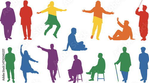 Diverse, colorful, silhouette, people, inclusion, mobility, abstract, figures, unity, disability, vibrant, standing, sitting, dancing, crutches, cane, gesture, community, symbolic, equality