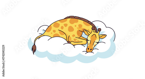 Cartoon giraffe napping peacefully on a soft cloud against a bright white background illustration representing peacefulness and tranquility