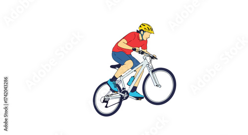 Stylized mountain biker illustration showcasing dynamic riding posture and vibrant color palette against a clean, stark white background,