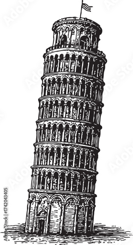 Vintage Black and White Vector Illustration of the Leaning Tower of Pisa in Engraved Line Art Style
