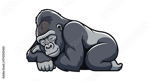 Cartoon Gorilla Taking a Nap: A vector illustration of a sleeping gorilla character isolated on a white background, showing a peaceful and relaxed