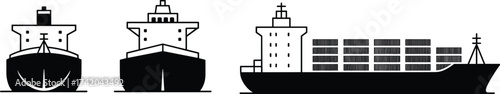 Cargo ship illustration, front and side view, black and white silhouette, maritime transport, container vessel, bulk carrier, logistics, shipping industry, ocean freight, nautical graphic